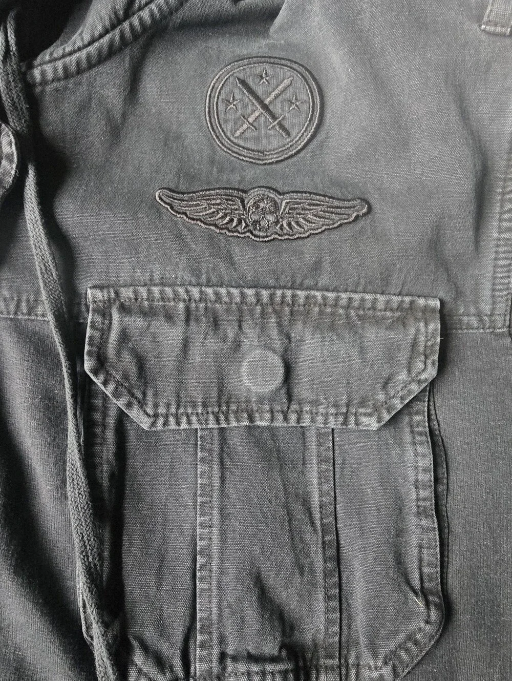 RARE VTG Affliction hybrid hooded denim jacket Mens 2X Full-zip, Black, Y2K - Picture 16 of 16